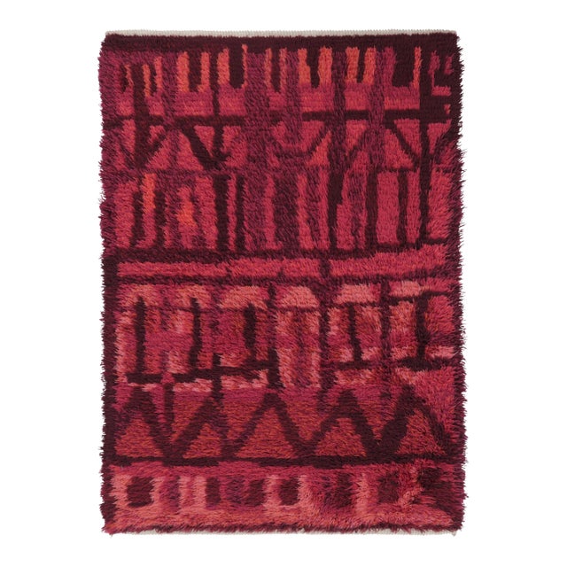 Vintage Swedish Rya Rug With Magenta Spires and Red Geometry - Rug & Kilim For Sale