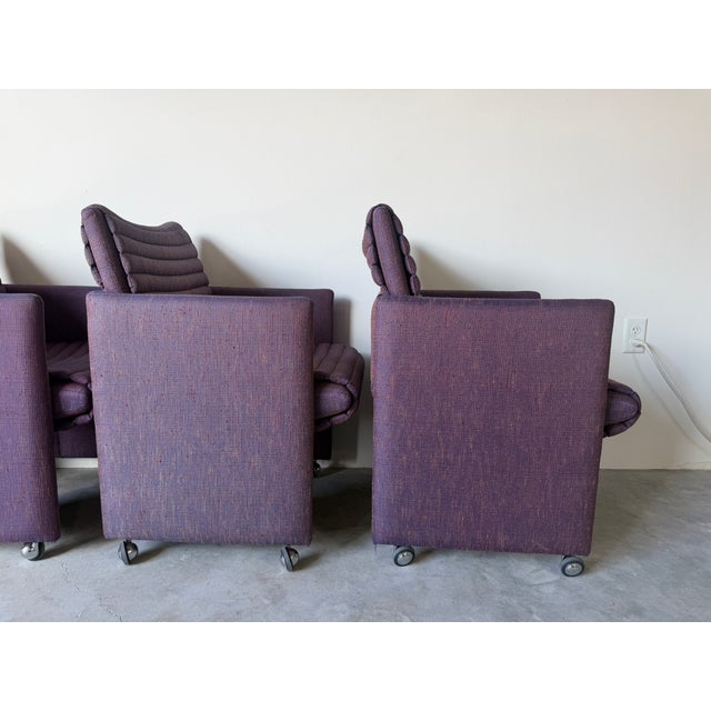 Purple 1980s Postmodern Vladimir Kagan Style Upholstered Dining Armchairs With Casters – Set of 4 For Sale - Image 8 of 17