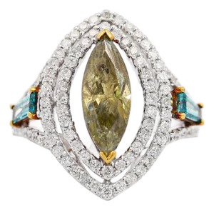 2.54 Carat Green Marquise & Blue Baguette Diamond Double Halo Openwork Ring, Size 8.5
