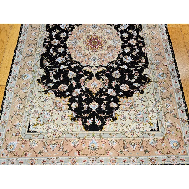 Fine Tabriz Rug, Hand-Knotted Wool & Silk, Floral Pattern, Black & Ivory, 7x10 For Sale - Image 12 of 18