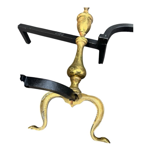 Pair 1920s Antique Brass Fireplace Andirons Queen Anne Style Firedogs For Sale - Image 12 of 16