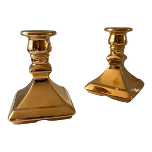 Pair of Vintage English Porcelain Candle Holders With Gold Finish