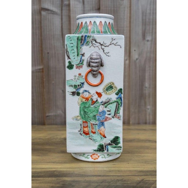Antique Chinese Famille Verte Wucai Square Cong-Form Porcelain Vase For Sale - Image 4 of 18