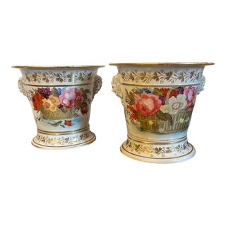 Antique Early 19th Century English Porcelain Cachepot Flower Pots With Satyr Mask Handles Circa 1820 - A Pair For Sale