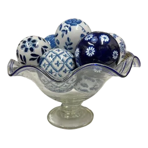 Vintage Pedestal Glass Cachepot With Blue & White Porcelain Orbs- 9 Pieces