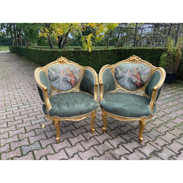 1950's Louis XVI Living Room Set Green Velvet - 3 Pieces For Sale - Image 6 of 13