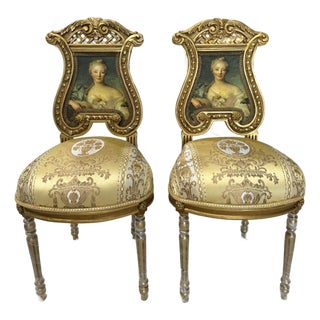 French Rococo Gold Accent Chair With Lady Portrait Set of 2 For Sale