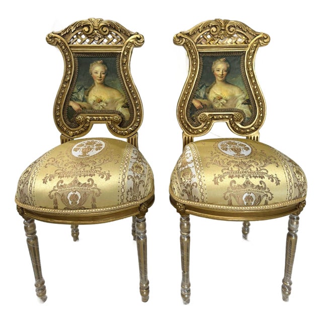French Rococo Gold Accent Chair With Lady Portrait Set of 2 For Sale