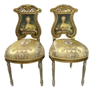 French Rococo Gold Accent Chair With Lady Portrait Set of 2