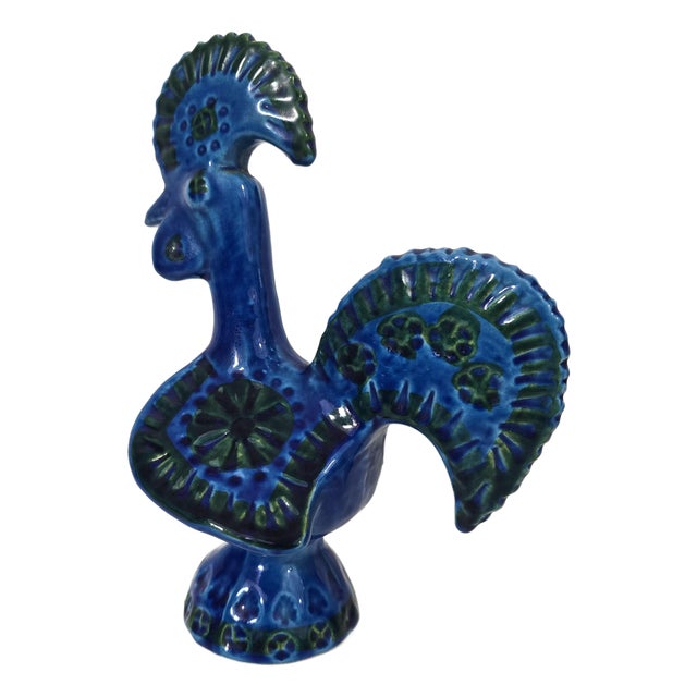 Blue Glazed Ceramic Rooster by Aldo Londi for Bitossi For Sale