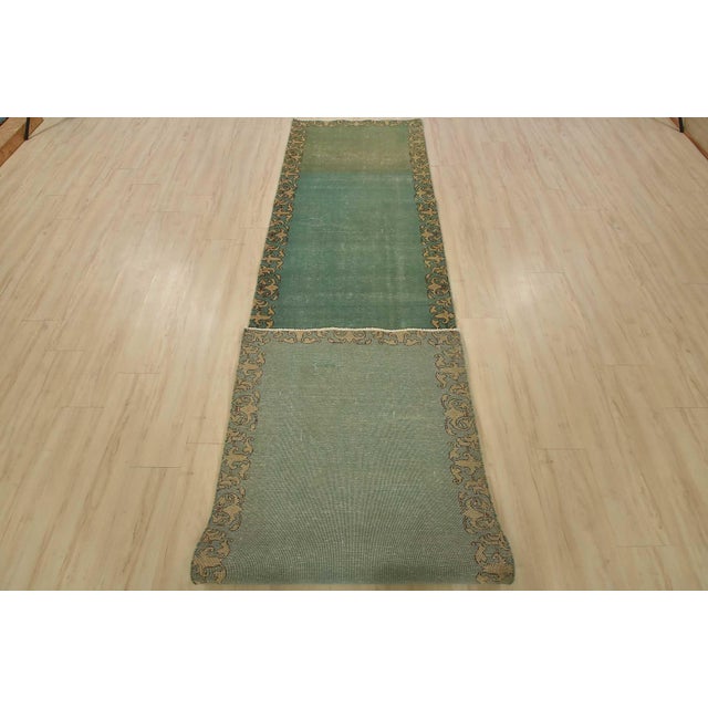 Tabriz Runner 3’1” X 12’9” Green Wool Vintage Distressed Hand-Knoted Rug For Sale - Image 11 of 12