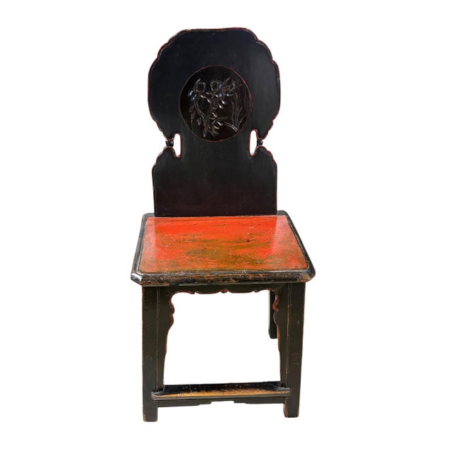 Superb Old Chinoiserie Carved Painted Chinese Side Chair featuring rich red and black lacquer finish. The chair back...