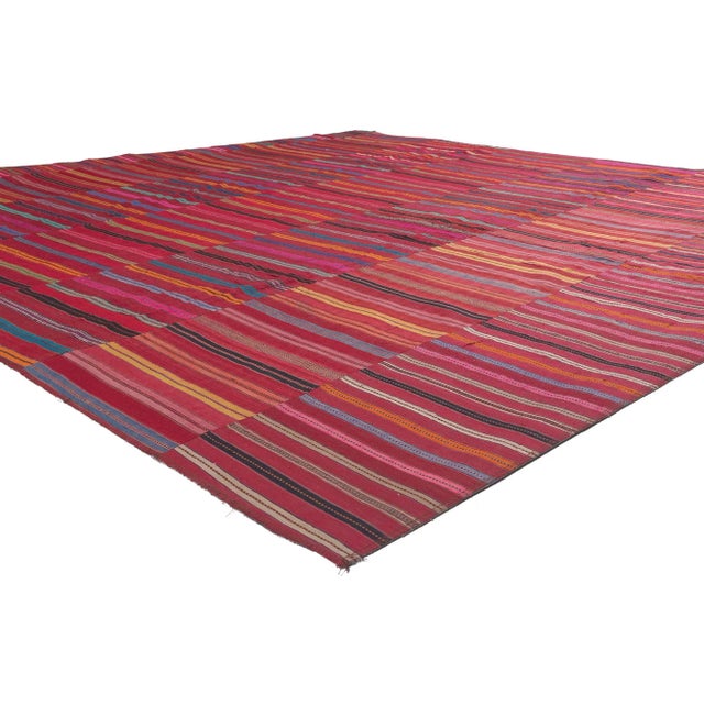 60651 Vintage Turkish Striped Kilim Rug, 09'05 x 09'07. Radiating with rhythmic energy and chromatic exuberance, this...