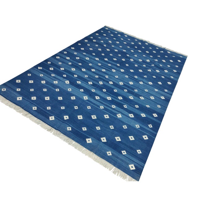 Handmade Cotton Diamond Rug, Blue And White 6'x9' For Sale