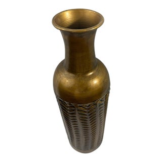 Tall Brass Bottle Vase ~16 in Antiqued Repousse Feather Columns Flared Neck For Sale