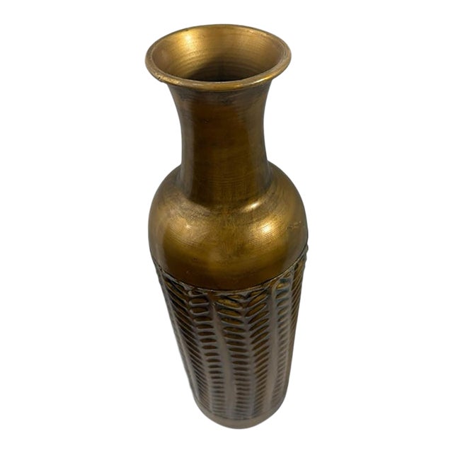 Tall Brass Bottle Vase ~16 in Antiqued Repousse Feather Columns Flared Neck For Sale