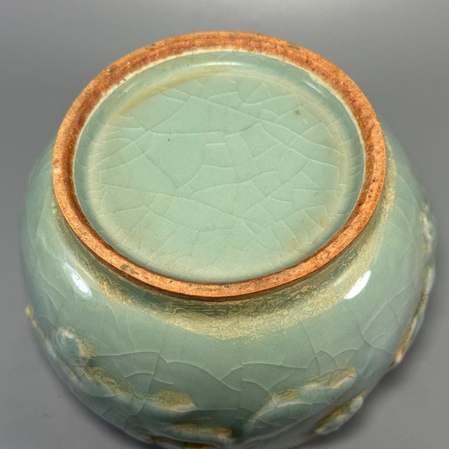 15th Century & Earlier Antique Chinese Celadon Relief‑Decorated Covered Jar, Collectible Antique For Sale - Image 5 of 6