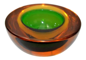 Murano Art Glass Round Amber & Green Blown Glass Catchall Bowl Italy 1960