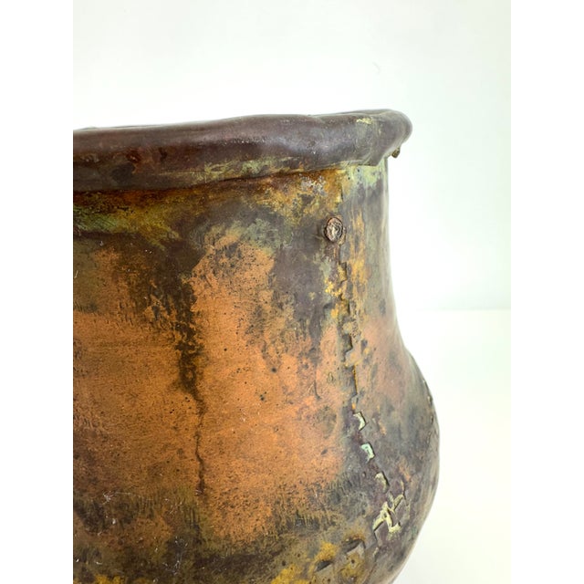 Antique Italian Hammered Copper Pot Verdigris Patina Vessel For Sale - Image 4 of 8
