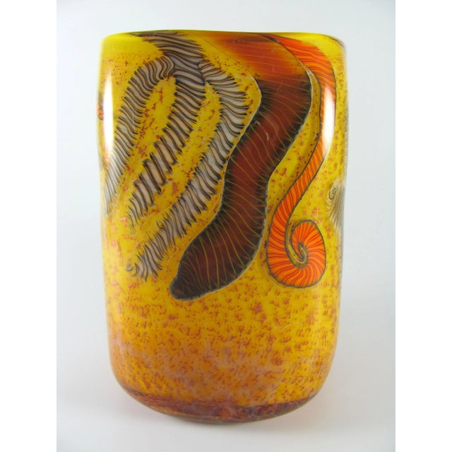 Contemporary Biomorphic Sea Creature Fossil Citrine Hand Blown Glass Square Vessel Vase Cache Pot by Kenny Walton For Sale - Image 3 of 9