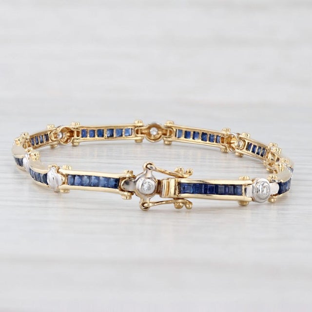 2.60ctw Blue Sapphire Diamond Bar Link Tennis Bracelet 18k Yellow Gold 6.75" For Sale - Image 4 of 8