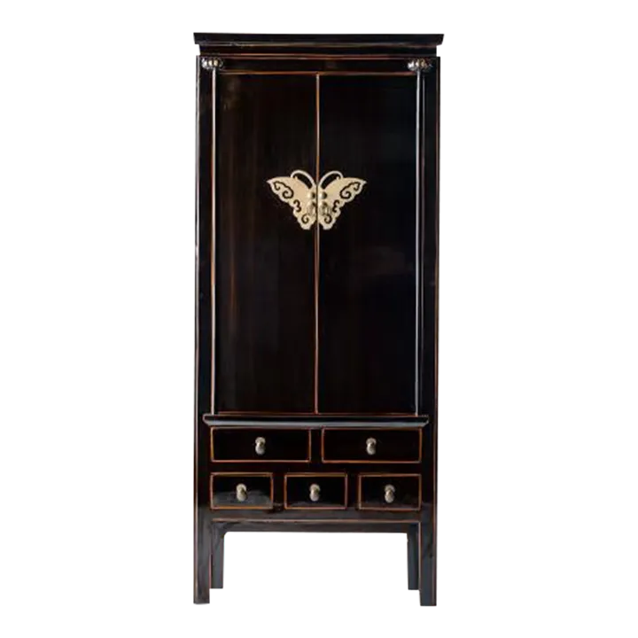 1980s' Asian Ming Style Black Lacquer Tall Cabinet | Chairish