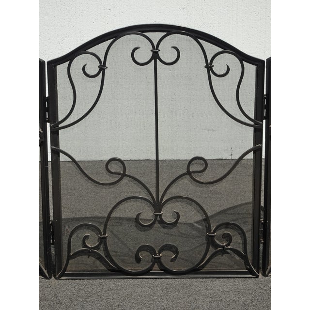 Vintage French Country Spanish Style Heavy Three Panel Black Fireplace Screen For Sale - Image 4 of 12