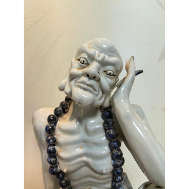 Chinese Vintage Ceramic Buddhist Sculpture,Hand Carved Blue and White Porcelain the Eighteen Arhats Statue For Sale - Image 4 of 9