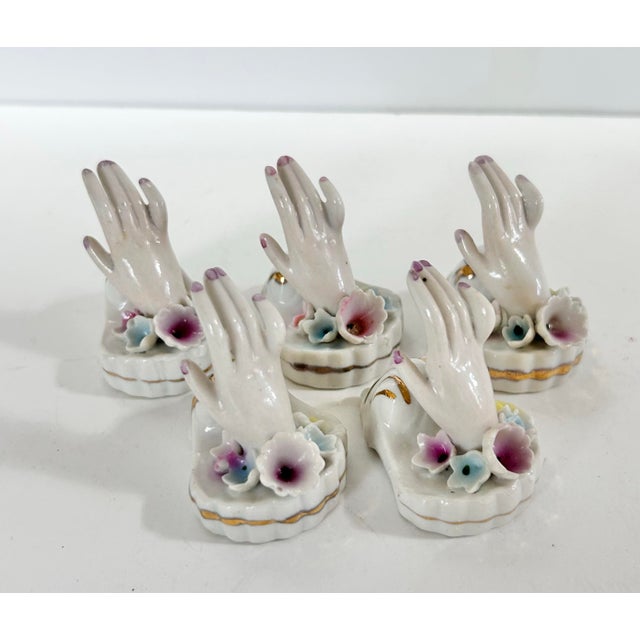 Mid 20th Century Vintage Traditional Porcelain Hand Place Card Holders With Applied Flowers - Set of 5 For Sale - Image 5 of 12
