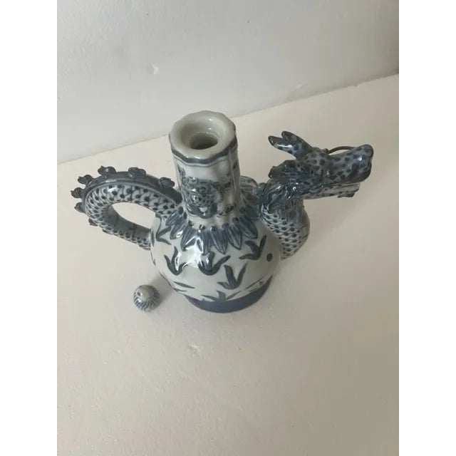 1970s Vintage Chinese Blue & White Porcelain Dragon Tea Pot For Sale - Image 5 of 11