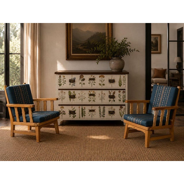 Krogenes Møbler, Scandinavian Mid-Century Modern, Lounge Chairs, Pine, Blue Fabric, Norway, 1970s Pair of lounge chairs...