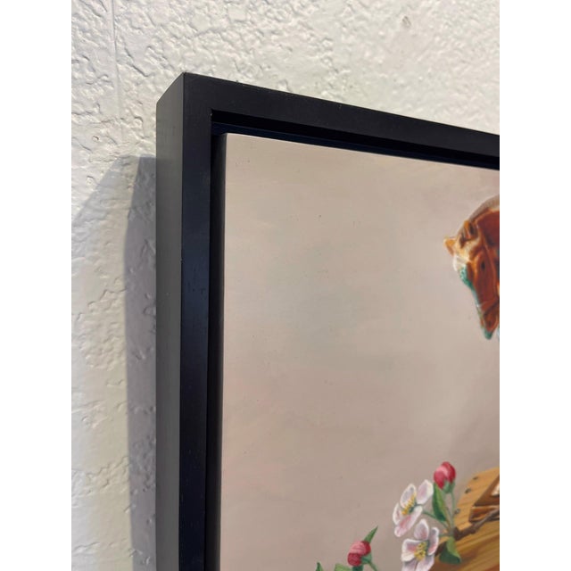 Figurative Apple Blossoms with Horse by Sarah van der Helm | Oil on Panel Still life of a toy horse and apple blossoms. For Sale - Image 3 of 5