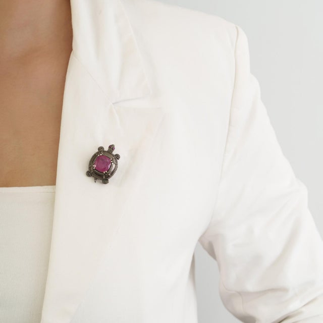 Antique Style 8 Ct Ruby & Diamond Pavé Figural Lucky Turtle Statement Brooch Pin Pendant For Sale - Image 10 of 14