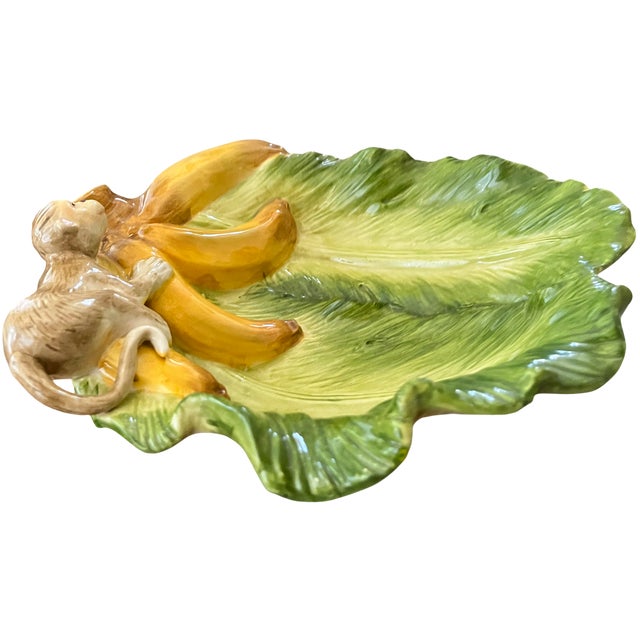 Ceramic Vintage Kaldun & Bogle Zanzibar Majolica Monkey & Banana Leaf Platter, 10" For Sale - Image 7 of 14