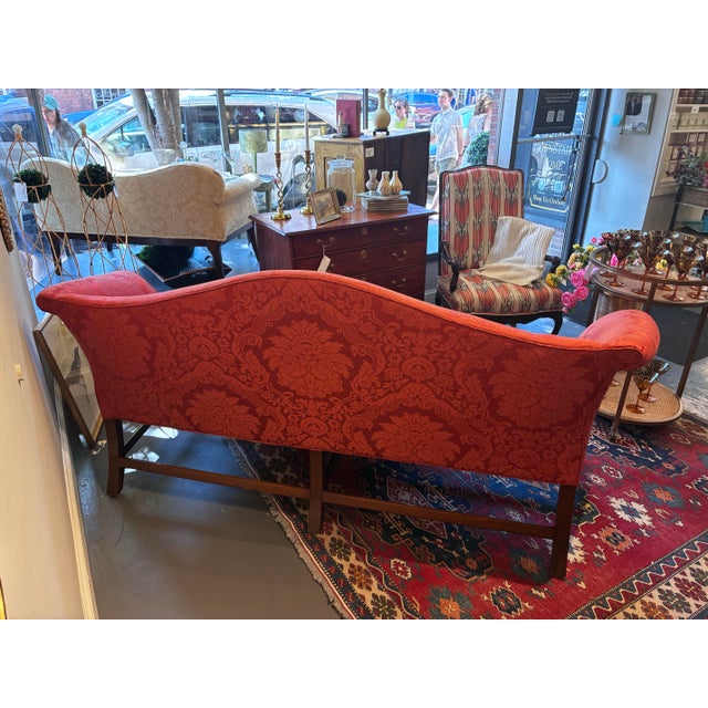 Ruby Red Antique Camelback Chippendale Style Damask Fabric Sofa For Sale - Image 8 of 11