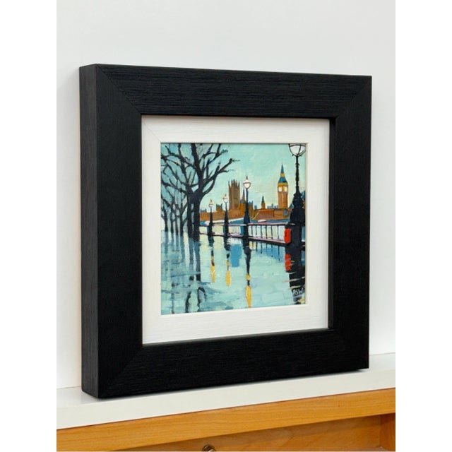 Contemporary Angela Wakefield, Miniature Painting of Victoria Embankment London & Houses of Parliament in Rain, 2024 For Sale - Image 3 of 8