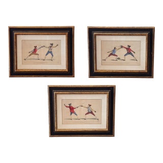 Set of Three Hand Colored Fencing Themed Engravings For Sale