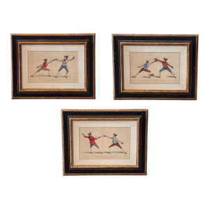Set of Three Hand Colored Fencing Themed Engravings