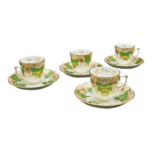 1850s Victorian Set of 4 English Antique Coffee Cups, Bone China, Cup and Saucer For Sale