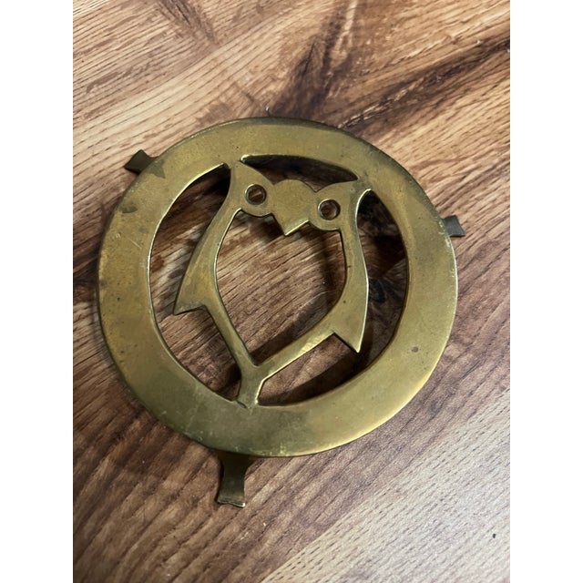 1970s Small Brass Owl Heart Round Trivet For Sale - Image 4 of 4