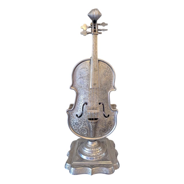 Antique Silverplate Violin With Music Box and Secret Drawer For Sale