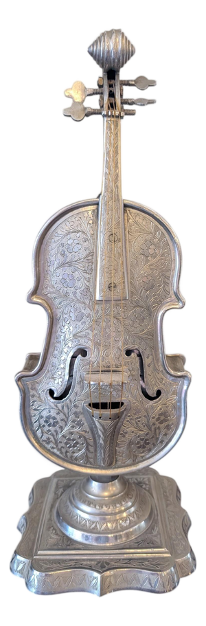 Antique Silverplate Violin With Music Box and Secret Drawer