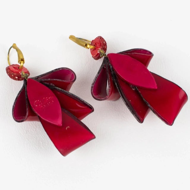 Cilea Paris Dangle Resin Pierced Earrings Ruby Red Ribbon - 2 Pieces For Sale - Image 4 of 6