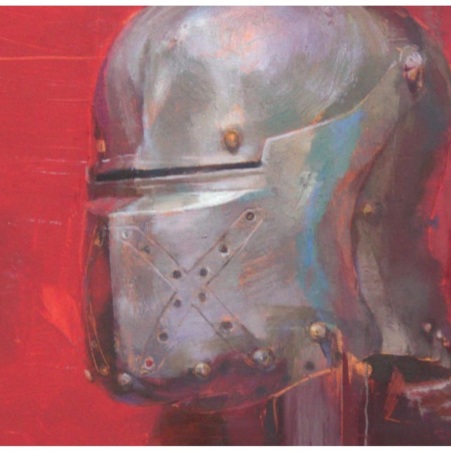 Allude to the Cross of St. Andrew by Elena Burykina | Oil on panel Helmet against a red background For Sale - Image 4 of 5
