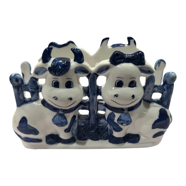 Vintage Delft Blue Hand-Painted Cow Couple Napkin Holder — Made in Holland For Sale