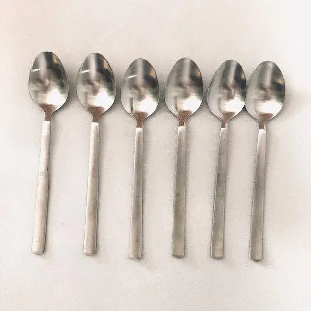 Midcentury Set of 6 Table ( Soup ) spoons 8"L X 1.6"W , Makers mark reads " RAADVAD " Odgård Pattern. Danish They are in...