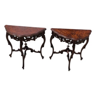 Pair of Antique Rococo Revival Carved Walnut Burl Veneer Half Round Moon Tables For Sale