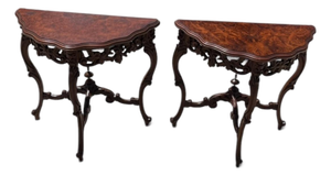 Pair of Antique Rococo Revival Carved Walnut Burl Veneer Half Round Moon Tables