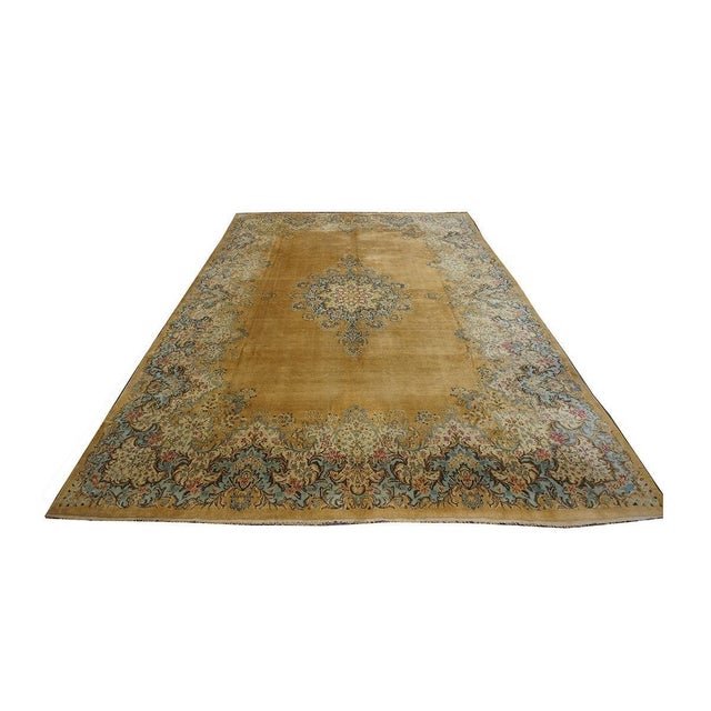 *Close-Out* Condition: Antique Circa: 1930s Origin: Persia Design: Kerman Actual size: 9.9 x 13.11 Color: Gold, Blue,...