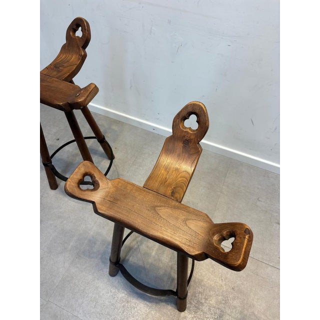 Vintage Spanish Brutalist Oak Marbella Stools, Set of 3 For Sale - Image 4 of 8